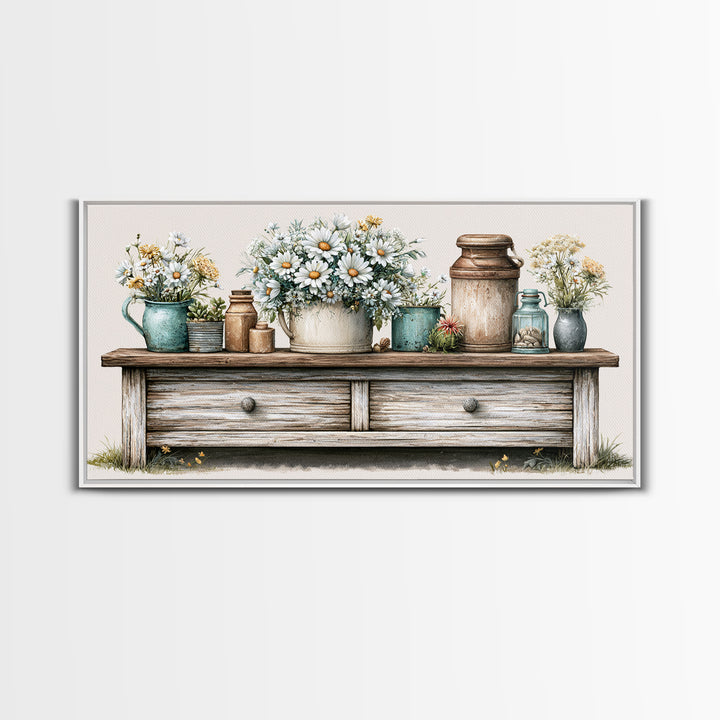 Weathered Barn Wood and Wildflower Still Life Framed Canvas Print, Rustic Art, Digital Art, Farmhouse Decor, Oil Painting, RUS-2x1-45