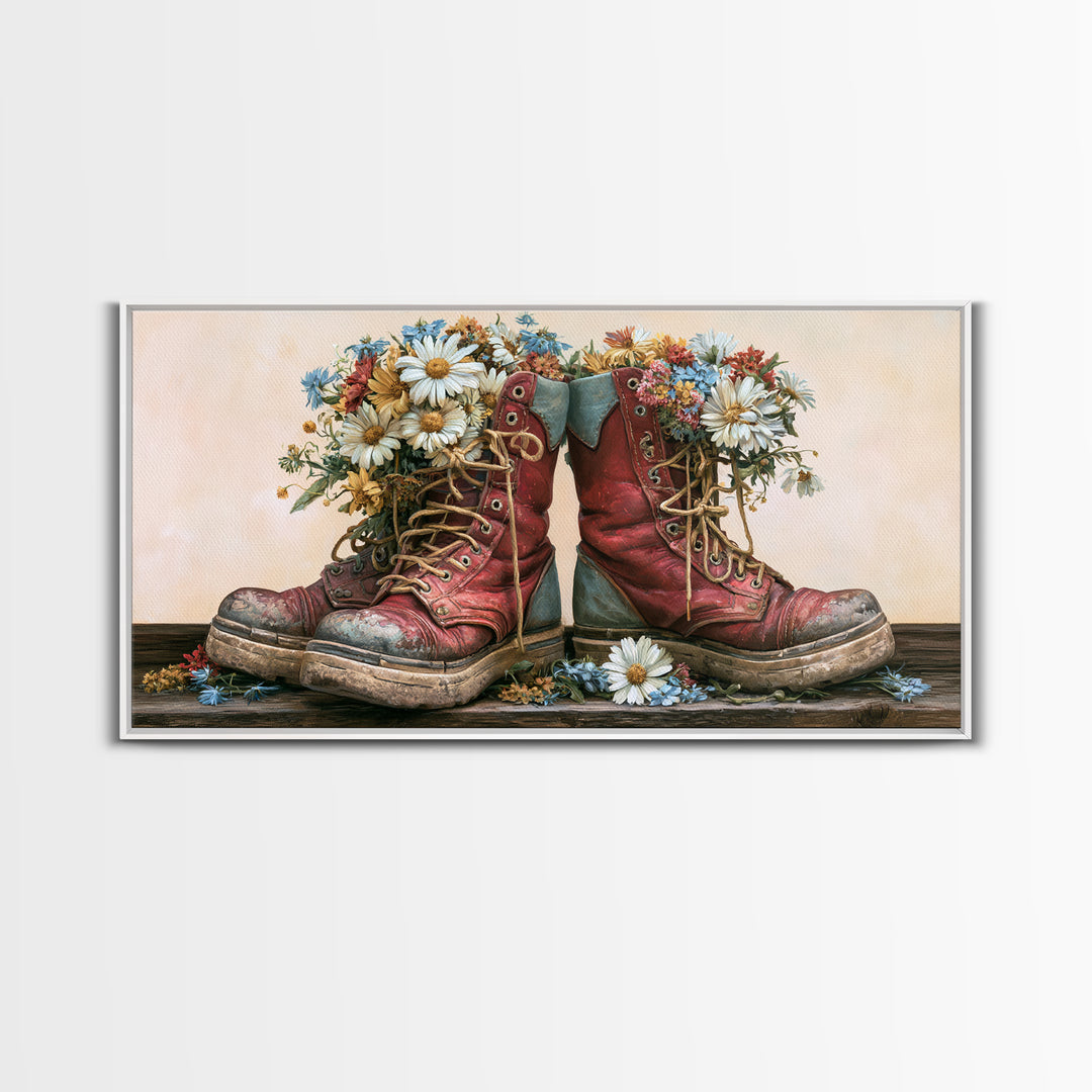Old Boots Filled Framed Canvas Print, Rustic Art, Minimalist Decor, Farmhouse Decor, Oil Painting, Rustic, Printable Art, RUS-2x1-50