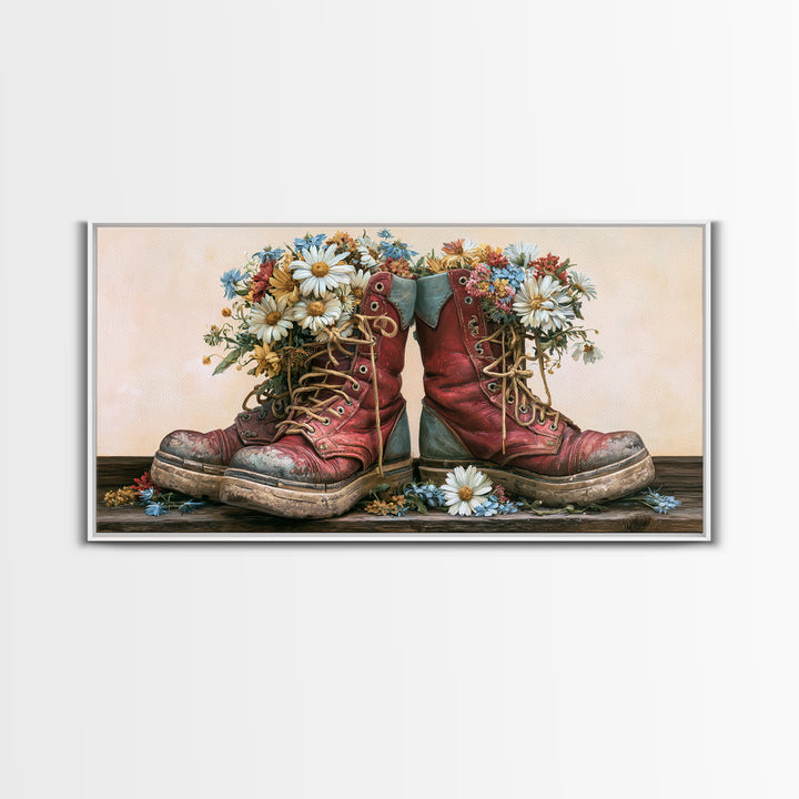 Old Boots Filled Framed Canvas Print, Rustic Art, Minimalist Decor, Farmhouse Decor, Oil Painting, Rustic, Printable Art, RUS-2x1-50