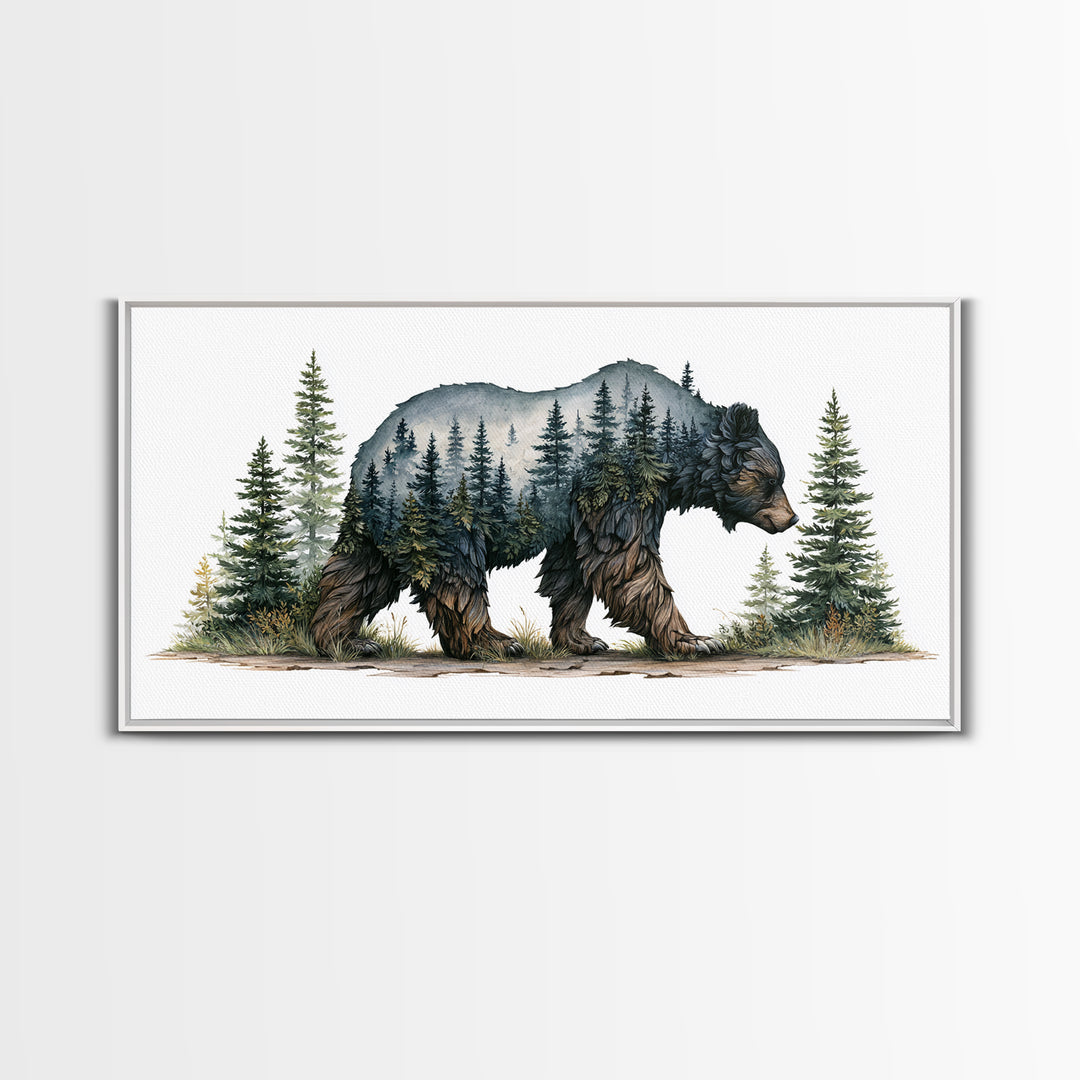 Bear Silhouette Among Pine Trees Framed Canvas Print, Rustic Art, Farmhouse Decor, Watercolor Art, Rustic, Gallery Wall Art, RUS-2x1-51
