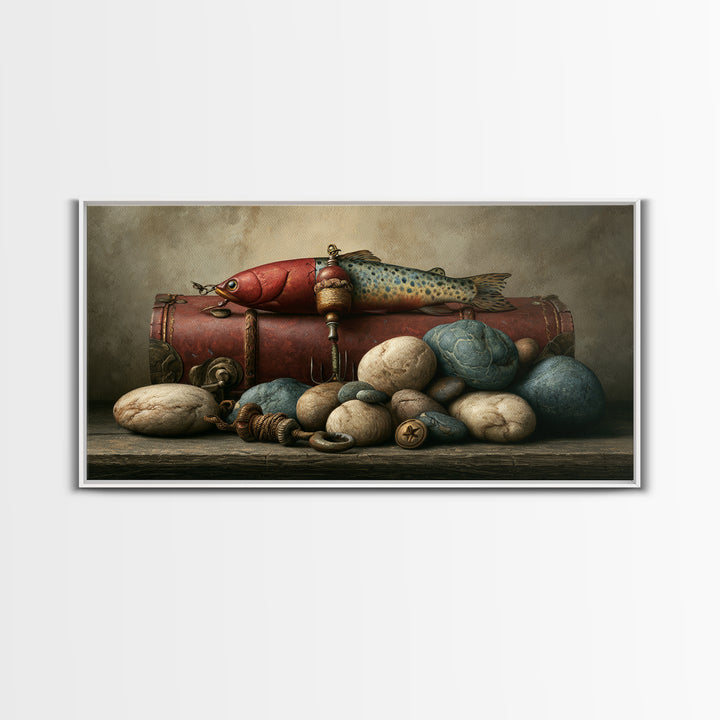 Trout Fishing Lure and River Stones Canvas Print, Rustic Art, Wall Art, Farmhouse Decor, Fine Art, Rustic, Living Room Decor, RUS-2x1-58