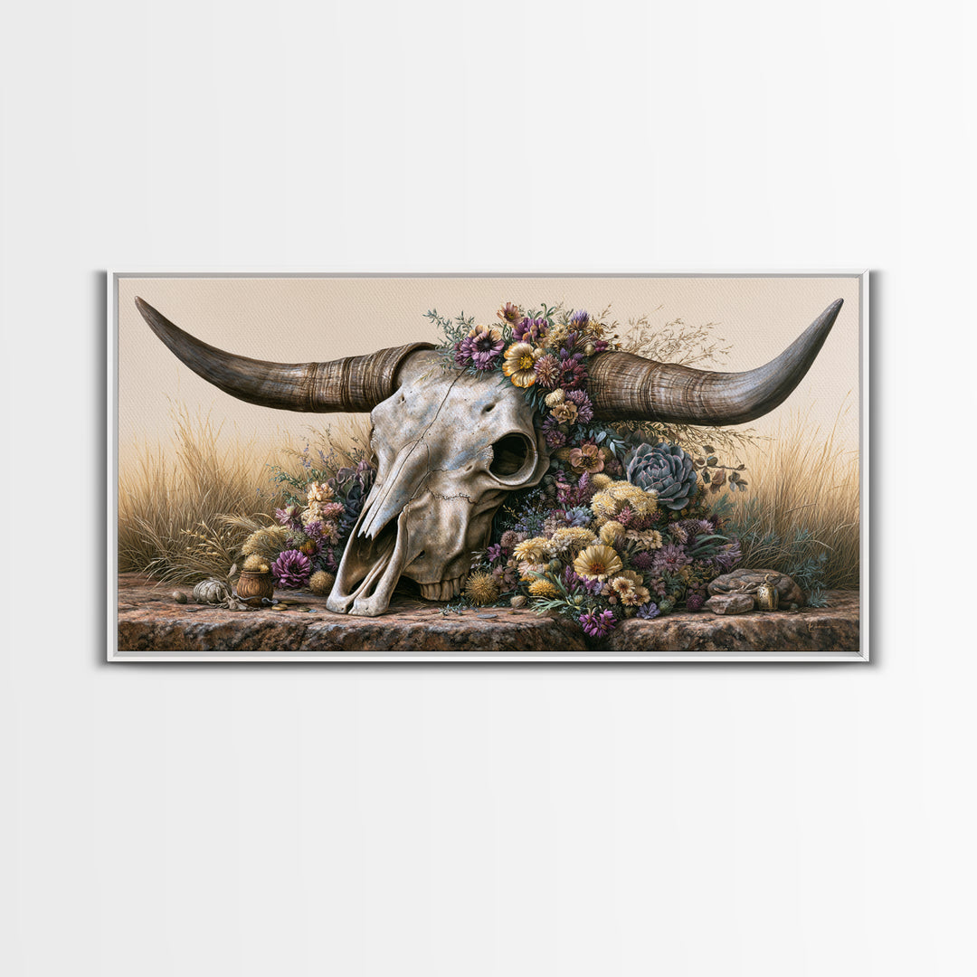 Cow Skull with Desert Flowers Canvas Print, Rustic Art, Digital Prints, Farmhouse Decor, Fine Art, Rustic, 3d Wall Art, RUS-2x1-61