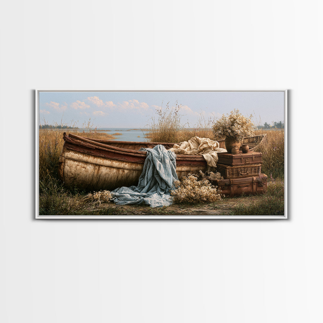 Old Canoe Pulled Onto a Lake Shore Canvas Print, Rustic Art, Printable Wall Art, Farmhouse Decor, Oil Painting, Rustic, RUS-2x1-64