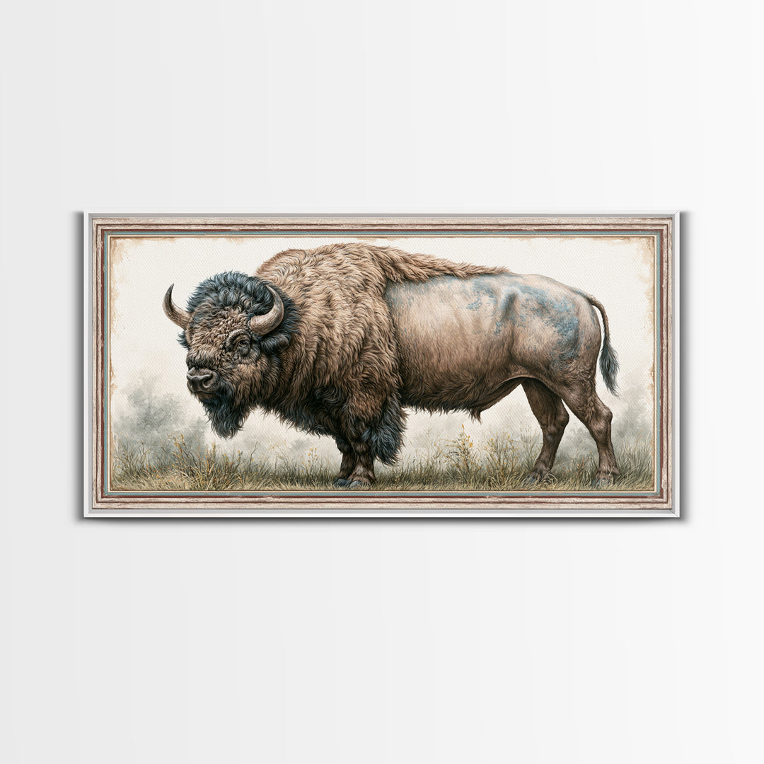 Buffalo Portrait with Western Texture Canvas Print, Rustic Art, Textured Painting, Farmhouse Decor, Fine Art, Rustic, RUS-2x1-66