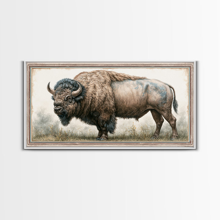 Buffalo Portrait with Western Texture Canvas Print, Rustic Art, Textured Painting, Farmhouse Decor, Fine Art, Rustic, RUS-2x1-66