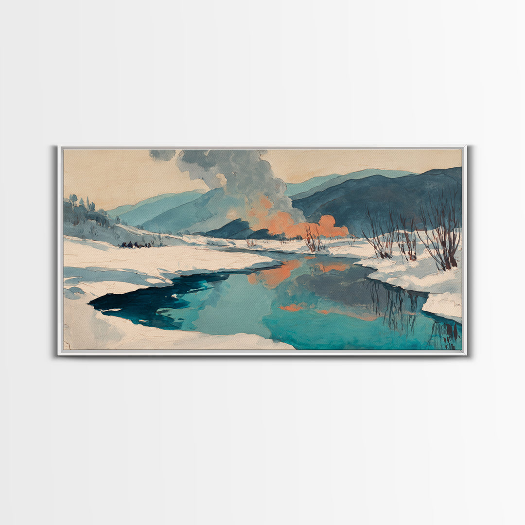 Winter Mountain Scene Framed Canvas Print, Rustic Art, Downloadable Art, Farmhouse Decor, Fine Art, Rustic, Textured Painting, RUS-2x1-67