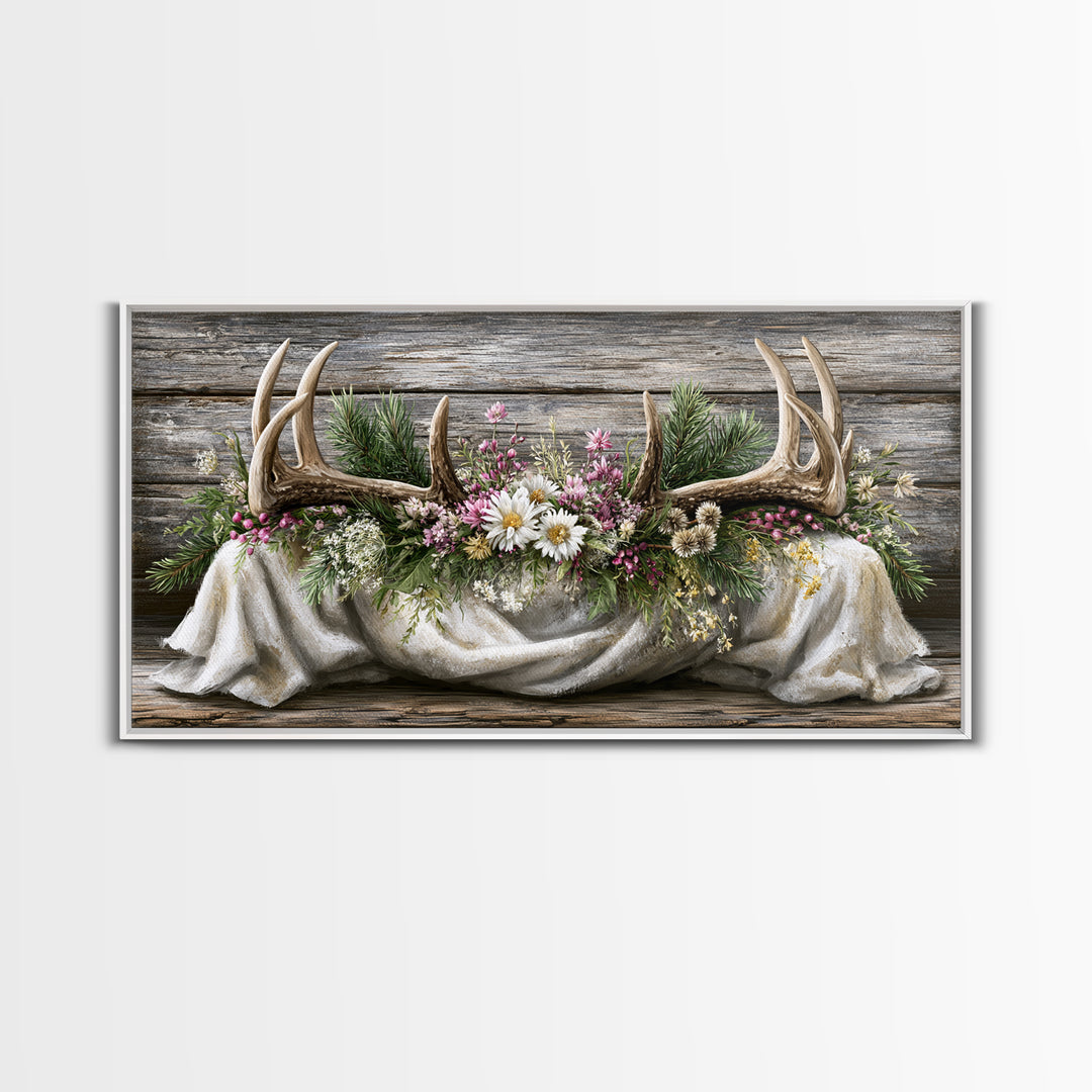 Deer Antlers with Pine Branches and Berries Canvas Print, Rustic Art, Painting, Farmhouse Decor, Oil Painting, Rustic, RUS-2x1-70