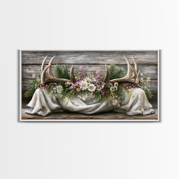 Deer Antlers with Pine Branches and Berries Canvas Print, Rustic Art, Painting, Farmhouse Decor, Oil Painting, Rustic, RUS-2x1-70
