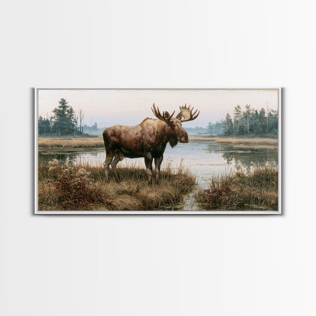 Moose Standing by a Quiet Lake Canvas Print, Rustic Art, Oil Painting, Farmhouse Decor, Fine Art, Rustic, Modern Art, RUS-2x1-77