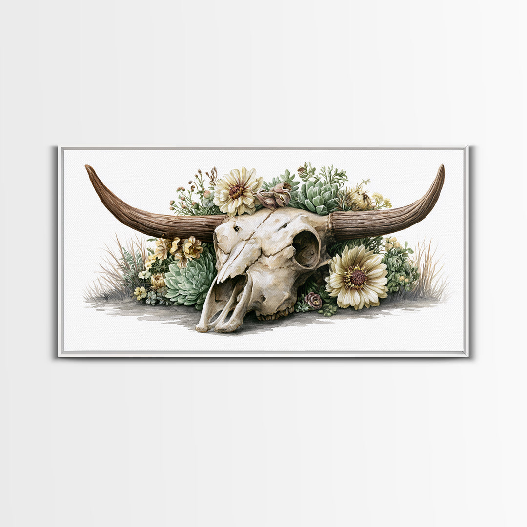 Cow Skull with Desert Flowers Framed Canvas Print, Rustic Art, Wood Wall Art, Farmhouse Decor, Rustic, Eclectic Wall Art, RUS-2x1-85
