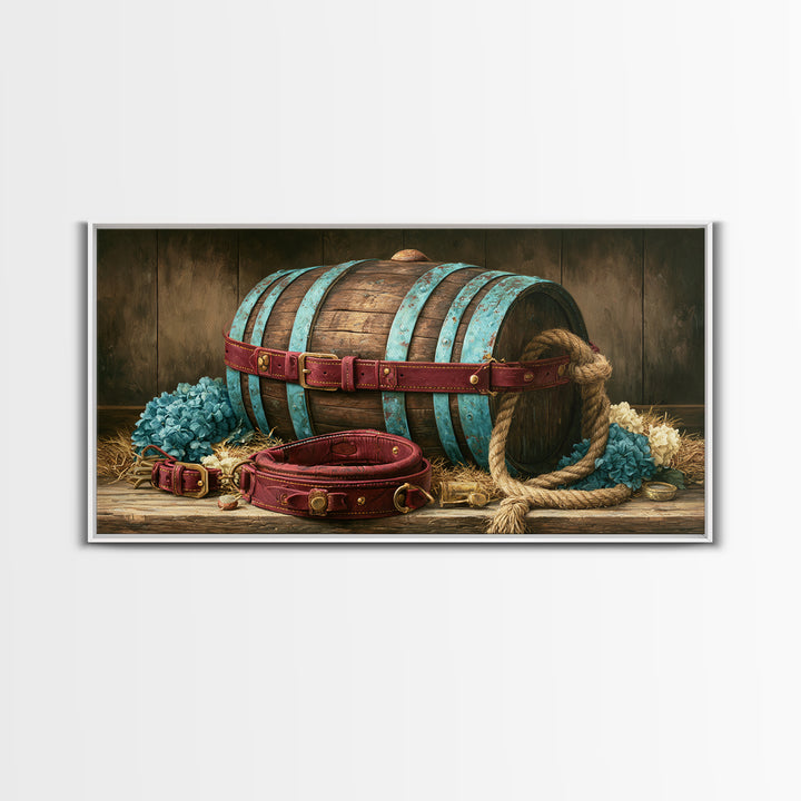 Whiskey Barrel and Leather Still Life Framed Canvas Print, Rustic Art, Landscape Painting, Farmhouse Decor, Fine Art, Rustic, RUS-2x1-87