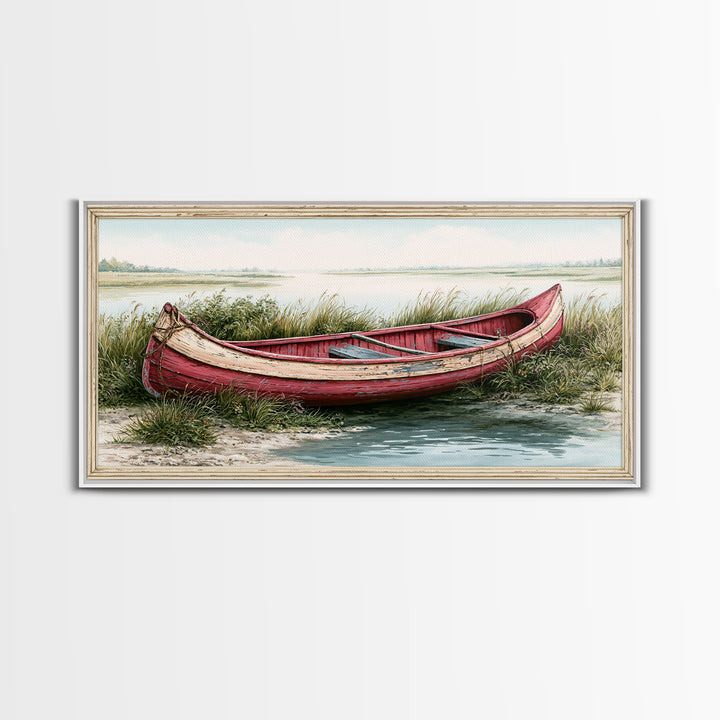 Old Canoe Pulled Onto a Lake Shore Framed Canvas Print, Rustic Art, Farmhouse Decor, Fine Art, Rustic, Gallery Wall Art, RUS-2x1-88