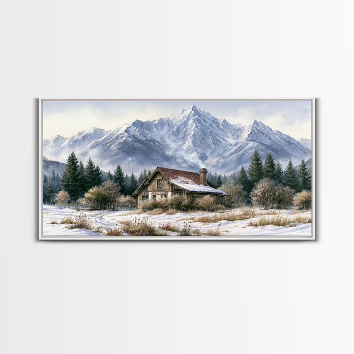 Winter Mountain Scene Framed Canvas Print, Rustic Art, Printable Wall Art, Farmhouse Decor, Watercolor Art, Rustic, Wood Art, RUS-2x1-91
