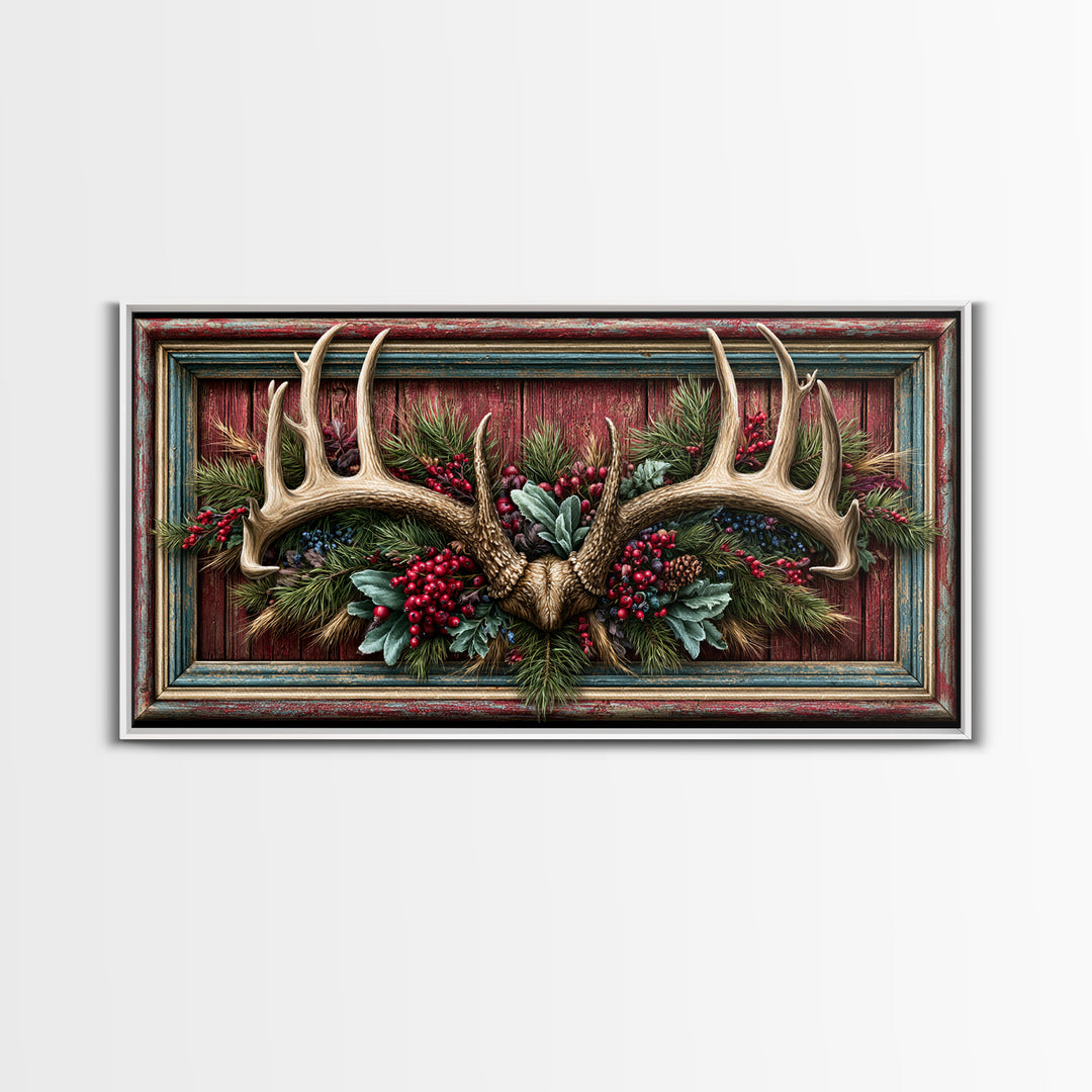 Deer Antlers with Pine Branches and Berries Canvas Print, Rustic Art, Painting, Farmhouse Decor, Oil Painting, Rustic, RUS-2x1-94