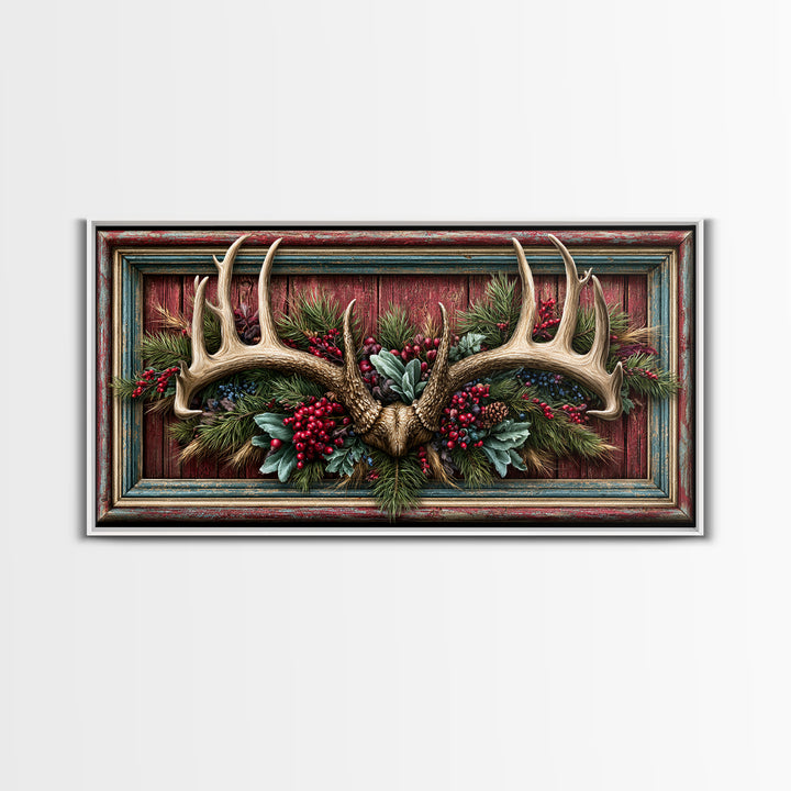 Deer Antlers with Pine Branches and Berries Canvas Print, Rustic Art, Painting, Farmhouse Decor, Oil Painting, Rustic, RUS-2x1-94