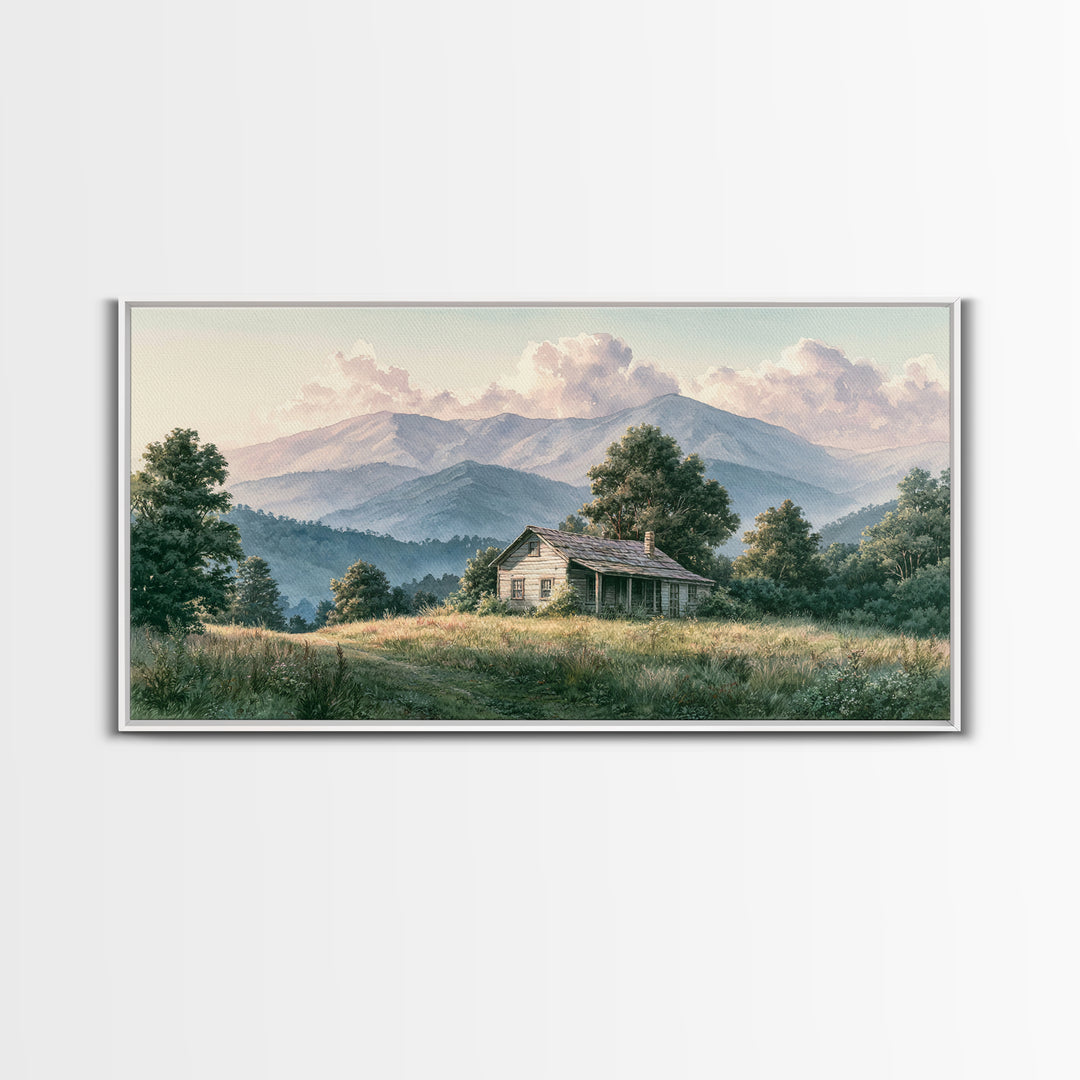 Mountain Cabin Landscape Framed Canvas Print, Rustic Art, Living Room Art, Farmhouse Decor, Oil Painting, Rustic, RUS-2x1-95