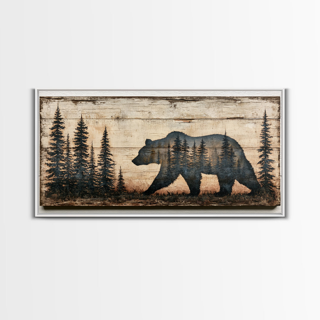 Bear Silhouette Among Pine Trees Framed Canvas Print, Rustic Art, Abstract Wall Art, Farmhouse Decor, Fine Art, Rustic, RUS-2x1-99