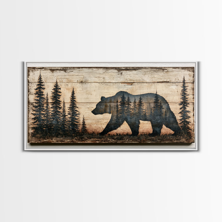Bear Silhouette Among Pine Trees Framed Canvas Print, Rustic Art, Abstract Wall Art, Farmhouse Decor, Fine Art, Rustic, RUS-2x1-99
