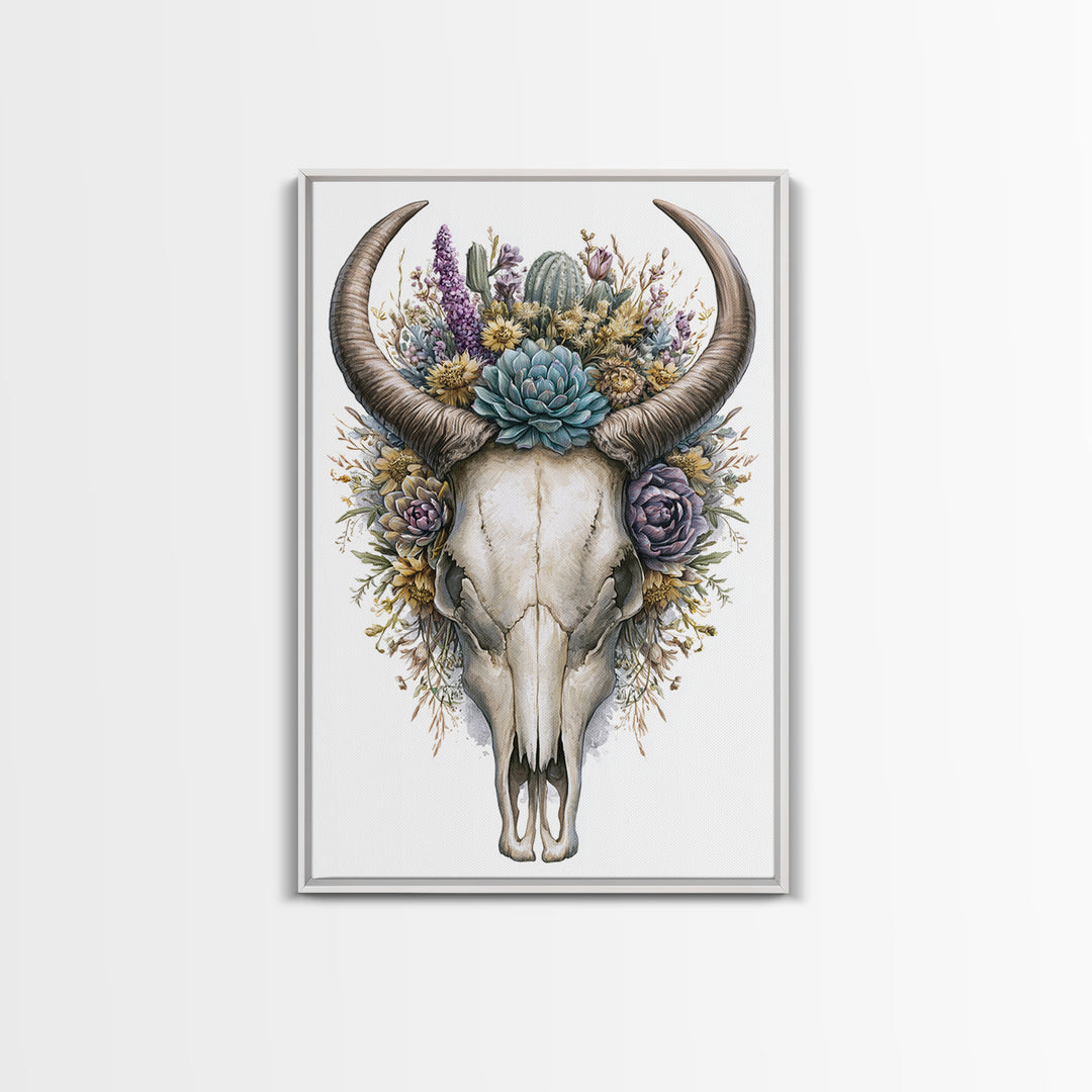 Cow Skull with Desert Flowers Framed Canvas Print, Rustic Art, Wall Art, Farmhouse Decor, Oil Painting, Rustic, RUS-2x3-1