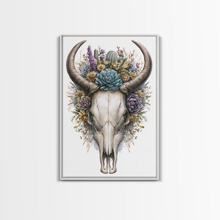 Cow Skull with Desert Flowers Framed Canvas Print, Rustic Art, Wall Art, Farmhouse Decor, Oil Painting, Rustic, RUS-2x3-1