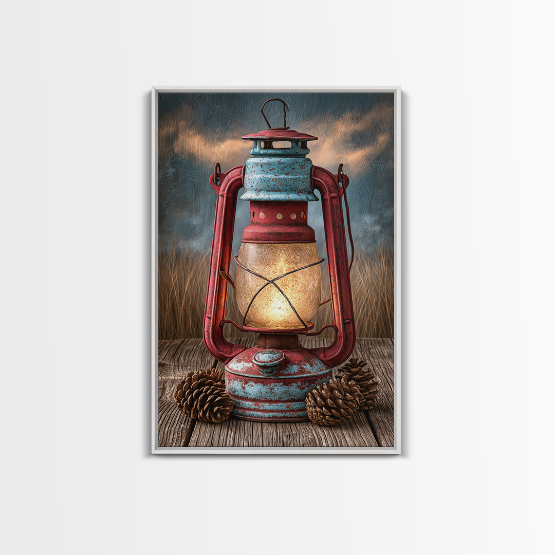 Rustic Lantern Glowing Beside Pinecones Framed Canvas Print, Rustic Art, Minimalist Decor, Farmhouse Decor, Oil Painting, RUS-2x3-12