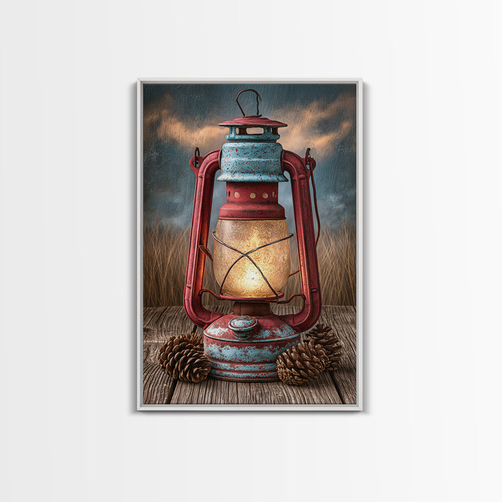 Rustic Lantern Glowing Beside Pinecones Framed Canvas Print, Rustic Art, Minimalist Decor, Farmhouse Decor, Oil Painting, RUS-2x3-12