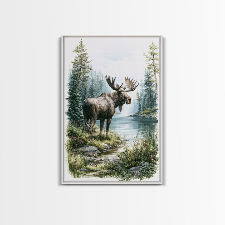 Moose Standing by a Quiet Lake Framed Canvas Print, Rustic Art, Digital Prints, Farmhouse Decor, Fine Art, Rustic, 3d Wall Art, RUS-2x3-17