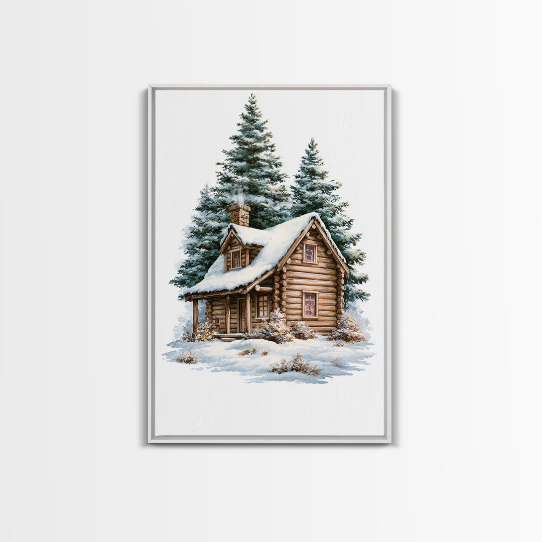 Log Cabin with Snowy Pines Canvas Print, Rustic Art, Luxury Decor, Farmhouse Decor, Fine Art, Rustic, Printable Wall Art, RUS-2x3-23
