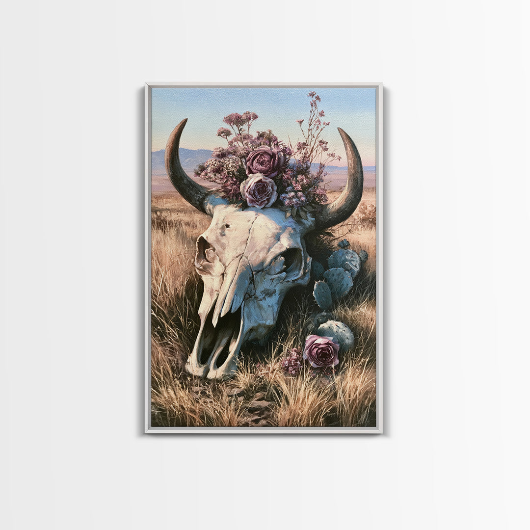 Cow Skull with Desert Flowers Framed Canvas Print, Rustic Art, Wall Art, Farmhouse Decor, Oil Painting, Rustic, RUS-2x3-25