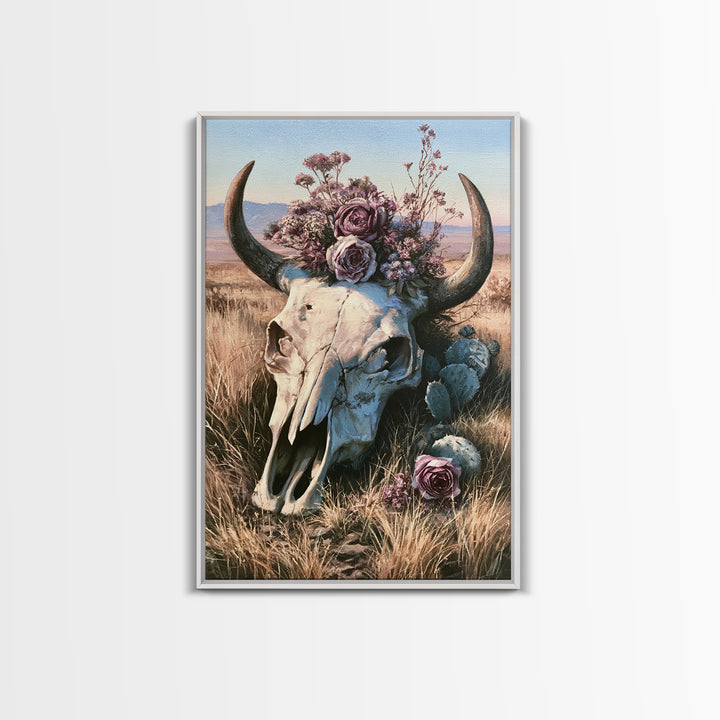 Cow Skull with Desert Flowers Framed Canvas Print, Rustic Art, Wall Art, Farmhouse Decor, Oil Painting, Rustic, RUS-2x3-25