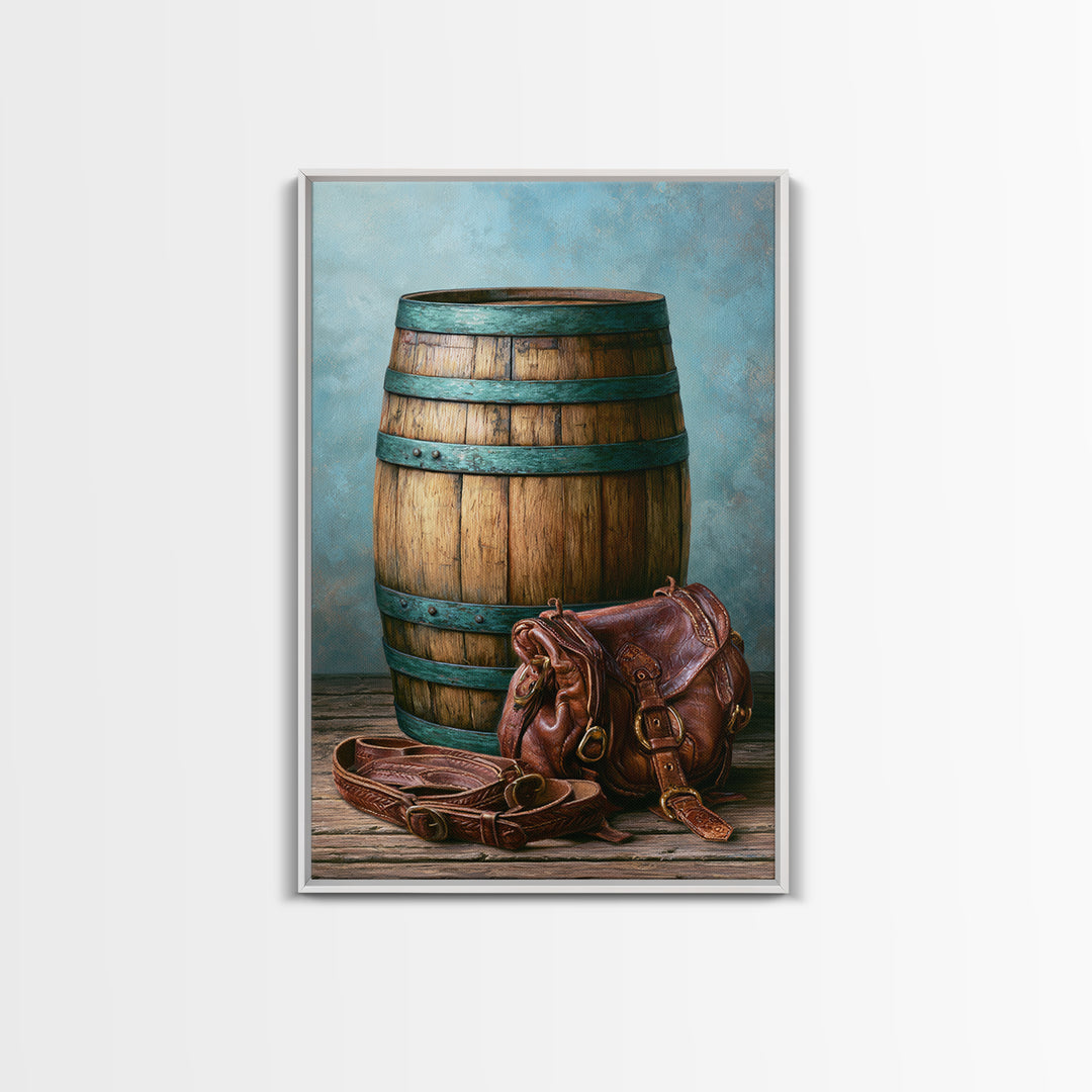 Whiskey Barrel and Leather Still Life Framed Canvas Print, Rustic Art, Downloadable Art, Farmhouse Decor, Fine Art, Rustic, RUS-2x3-3