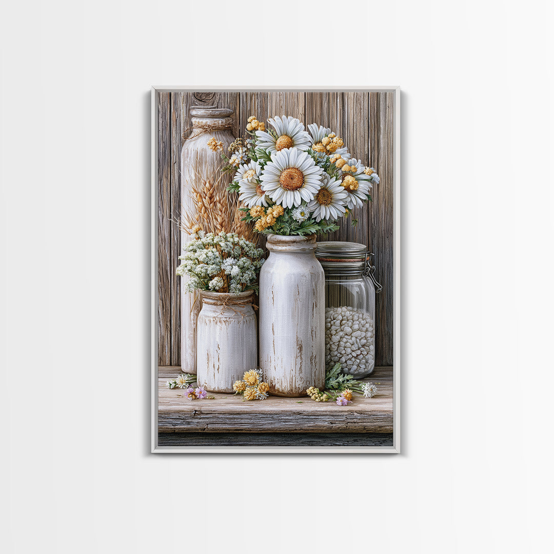 Weathered Barn Wood and Wildflower Still Life Framed Canvas Print, Rustic Art, Oil Painting, Farmhouse Decor, Fine Art, Rustic, RUS-2x3-33