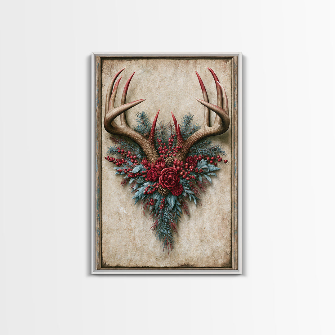 Deer Antlers with Pine Branches and Berries Framed Canvas Print, Rustic Art, Farmhouse Decor, Watercolor Art, Rustic, RUS-2x3-34