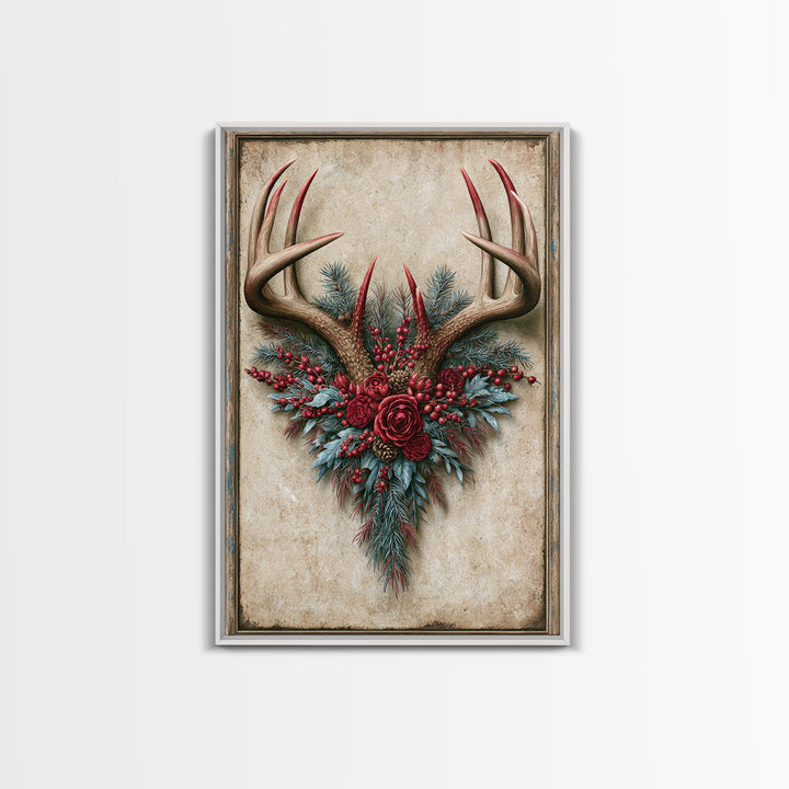 Deer Antlers with Pine Branches and Berries Framed Canvas Print, Rustic Art, Farmhouse Decor, Watercolor Art, Rustic, RUS-2x3-34