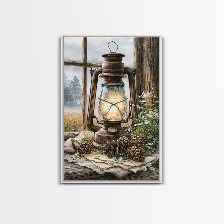 Rustic Lantern Glowing Beside Pinecones Framed Canvas Print, Rustic Art, Landscape Painting, Farmhouse Decor, Watercolor Art, RUS-2x3-36