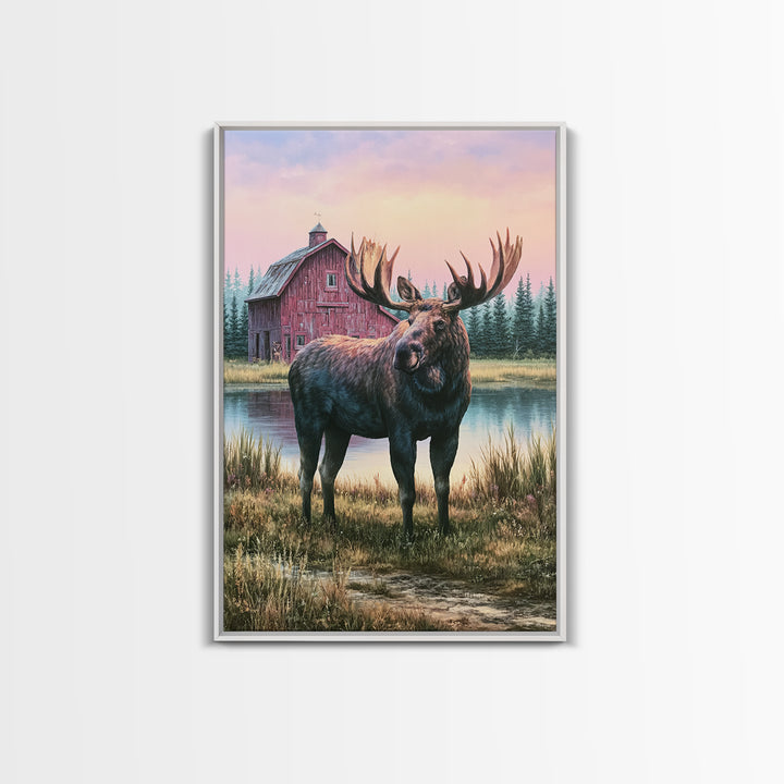 Moose Standing by a Quiet Lake Framed Canvas Print, Rustic Art, Digital Prints, Farmhouse Decor, Fine Art, Rustic, 3d Wall Art, RUS-2x3-41