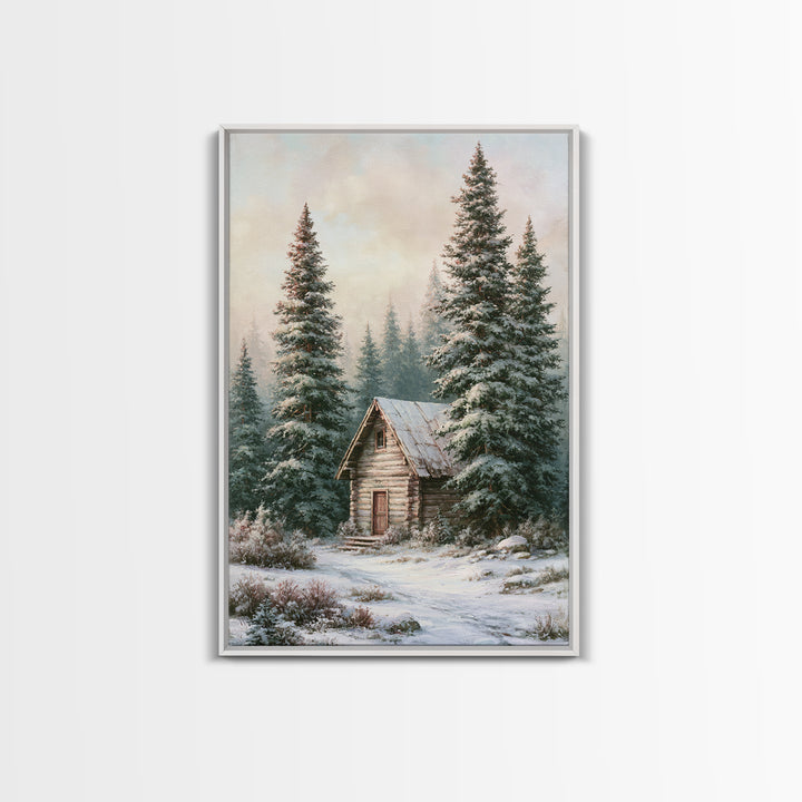 Log Cabin with Snowy Pines Framed Canvas Print, Rustic Art, Wall Art, Farmhouse Decor, Abstract Art, Rustic, Living Room Decor, RUS-2x3-47