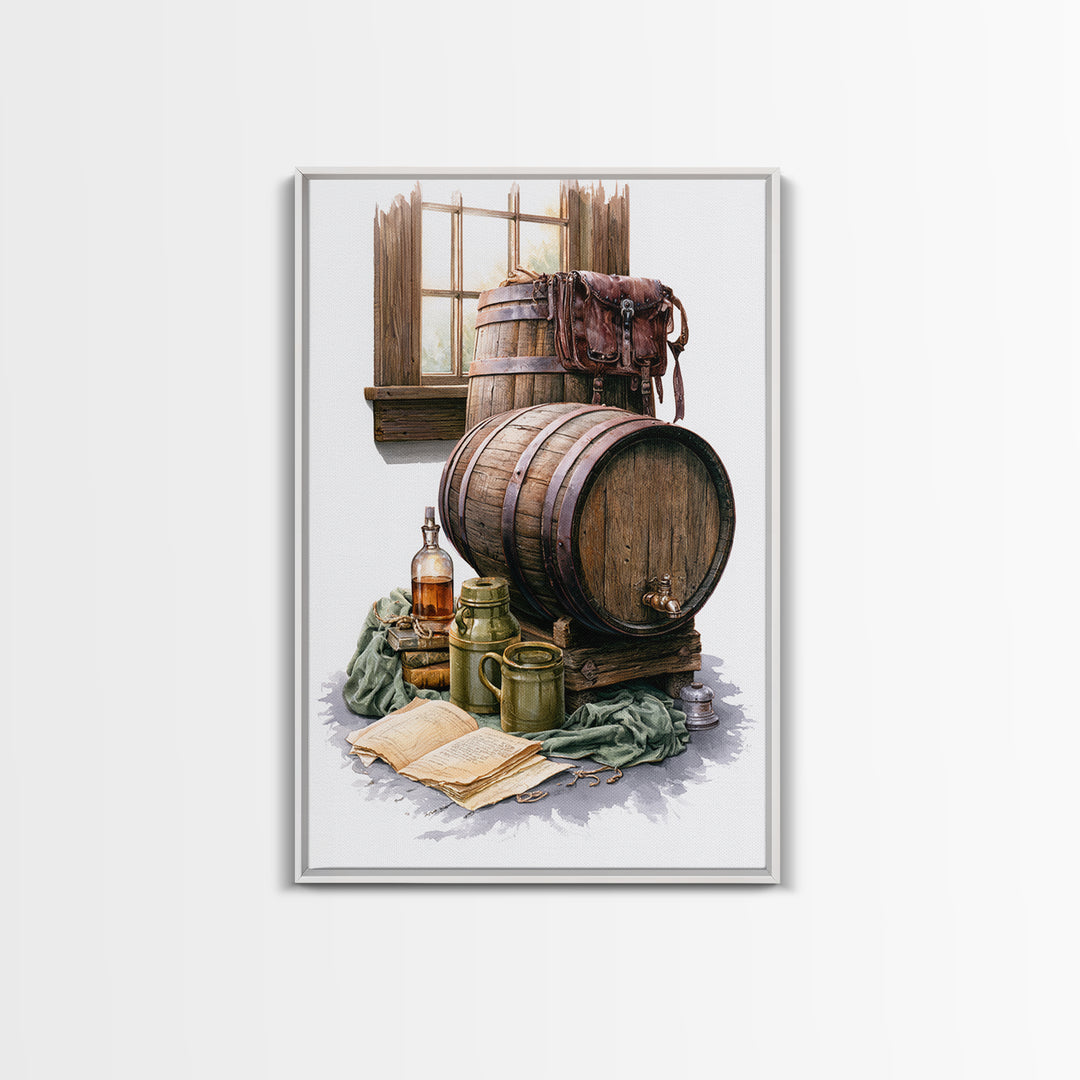 Whiskey Barrel and Leather Still Life Framed Canvas Print, Rustic Art, Room Decor, Farmhouse Decor, Oil Painting, Rustic, RUS-2x3-51