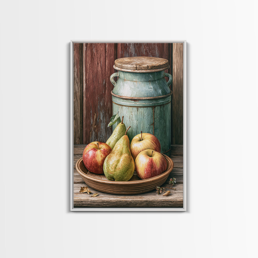Rustic Pear and Apple Still Life Framed Canvas Print, Rustic Art, Printable Wall Art, Farmhouse Decor, Oil Painting, Rustic, RUS-2x3-53
