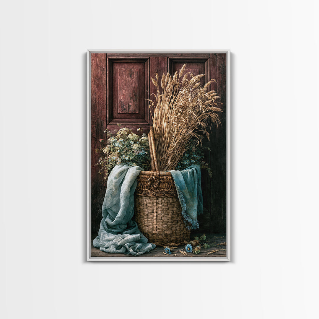 Handwoven Basket with Dried Grasses Framed Canvas Print, Rustic Art, Wall Decor, Farmhouse Decor, Abstract Art, Rustic, RUS-2x3-56
