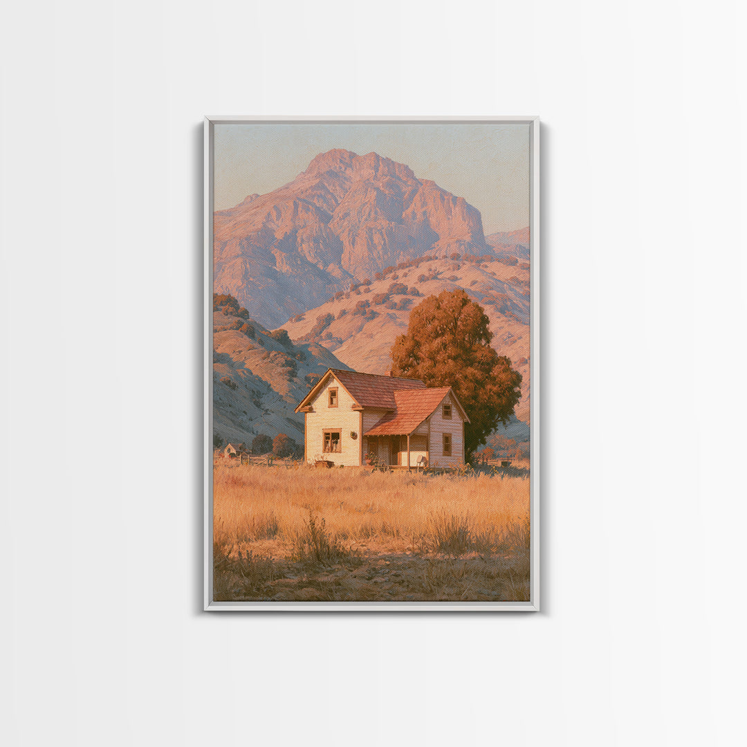 Mountain Cabin Landscape Framed Canvas Print, Rustic Art, Painting, Farmhouse Decor, Fine Art, Rustic, Boho Wall Art, RUS-2x3-59