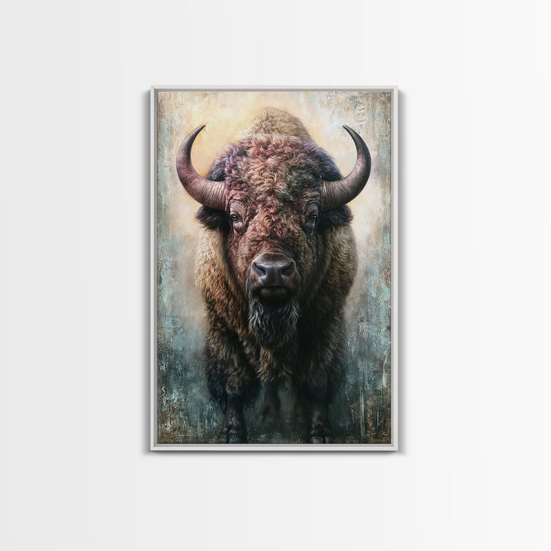 Buffalo Portrait with Western Texture Framed Canvas Print, Rustic Art, Boho Decor, Farmhouse Decor, Fine Art, Rustic, RUS-2x3-6