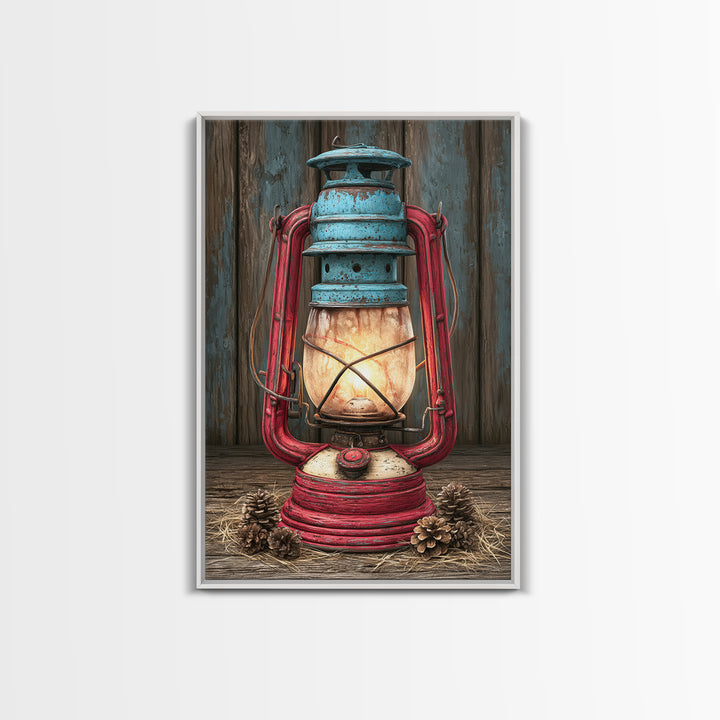 Rustic Lantern Glowing Beside Pinecones Framed Canvas Print, Rustic Art, Wall Art, Farmhouse Decor, Fine Art, Rustic, RUS-2x3-60