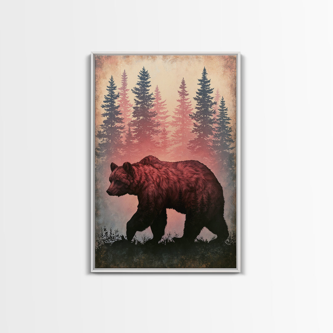 Bear Silhouette Among Pine Trees Framed Canvas Print, Rustic Art, Digital Prints, Farmhouse Decor, Watercolor Art, Rustic, RUS-2x3-63