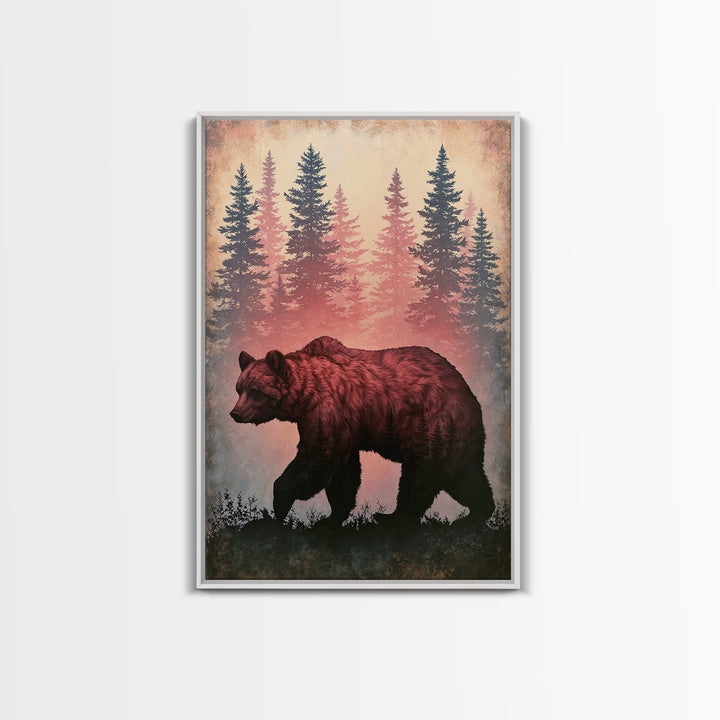 Bear Silhouette Among Pine Trees Framed Canvas Print, Rustic Art, Digital Prints, Farmhouse Decor, Watercolor Art, Rustic, RUS-2x3-63