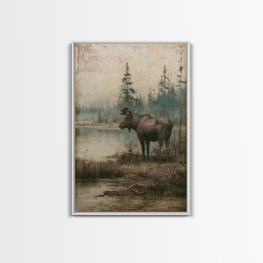 Moose Standing by a Quiet Lake Canvas Print, Rustic Art, Wood Wall Art, Farmhouse Decor, Oil Painting, Rustic, RUS-2x3-65