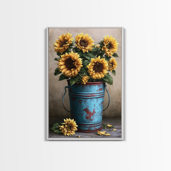Sunflowers in a Metal Bucket Framed Canvas Print, Rustic Art, Oil Painting, Farmhouse Decor, Rustic, Modern Art, RUS-2x3-68