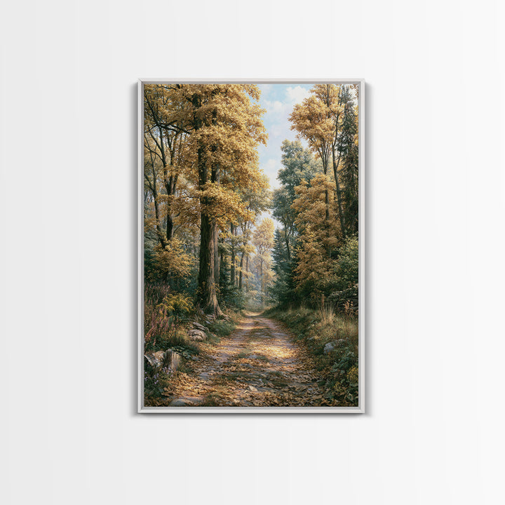 Forest Path with Golden Autumn Leaves Framed Canvas Print, Rustic Art, Painting, Farmhouse Decor, Rustic, Boho Wall Art, RUS-2x3-74