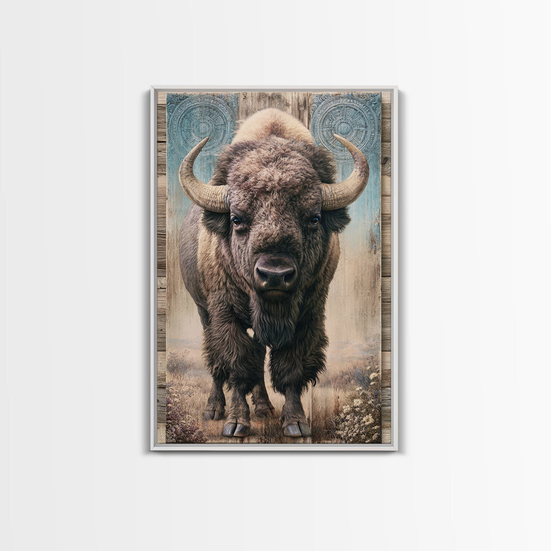 Buffalo Portrait with Western Texture Framed Canvas Print, Rustic Art, Digital Prints, Farmhouse Decor, Oil Painting, Rustic, RUS-2x3-78