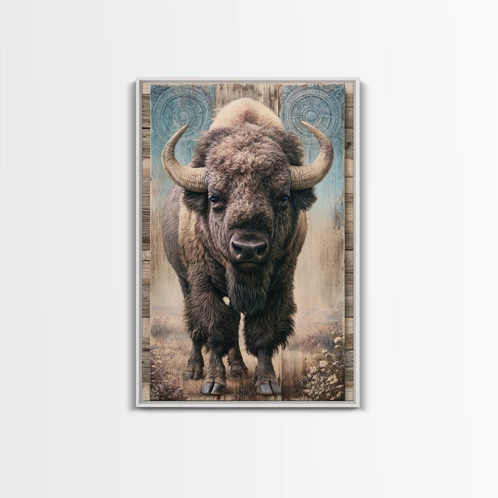Buffalo Portrait with Western Texture Framed Canvas Print, Rustic Art, Digital Prints, Farmhouse Decor, Oil Painting, Rustic, RUS-2x3-78